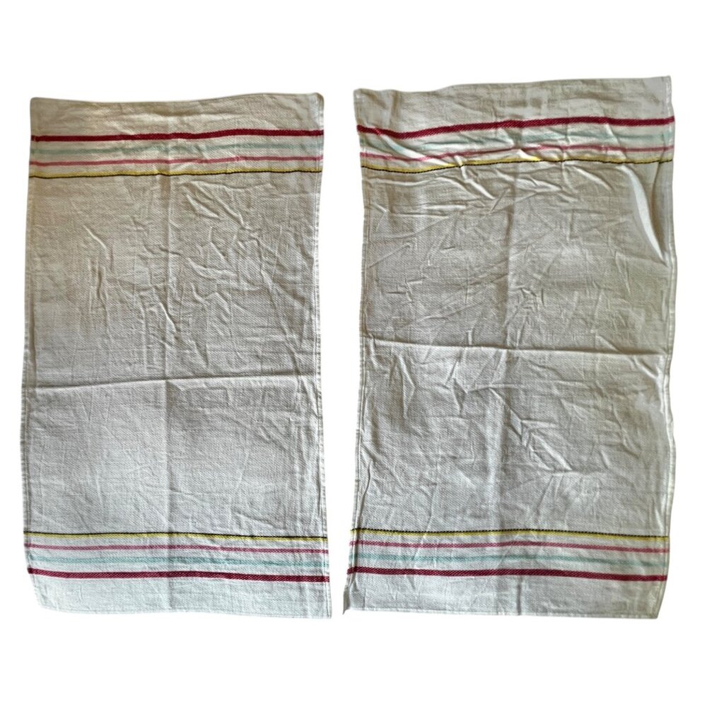 Vintage Cotton Dish Towels Pair 28.5X17 Red Yellow Pink Black Turquoise MCM